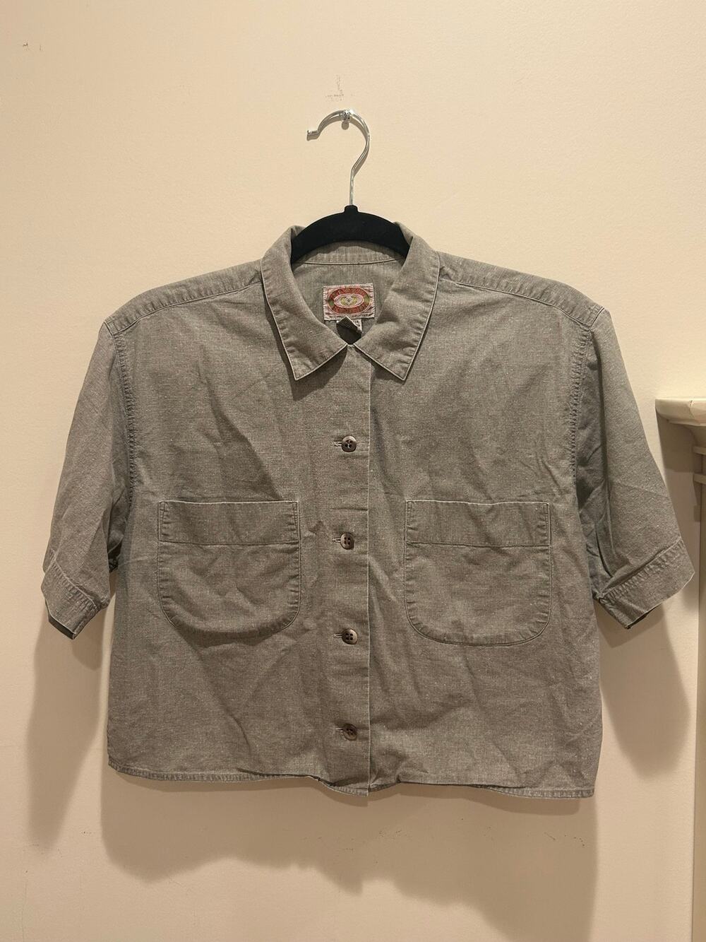 Vintage 80s Banana Republic Safari Shirt Womens Small Cropped Grey Cotton Twill